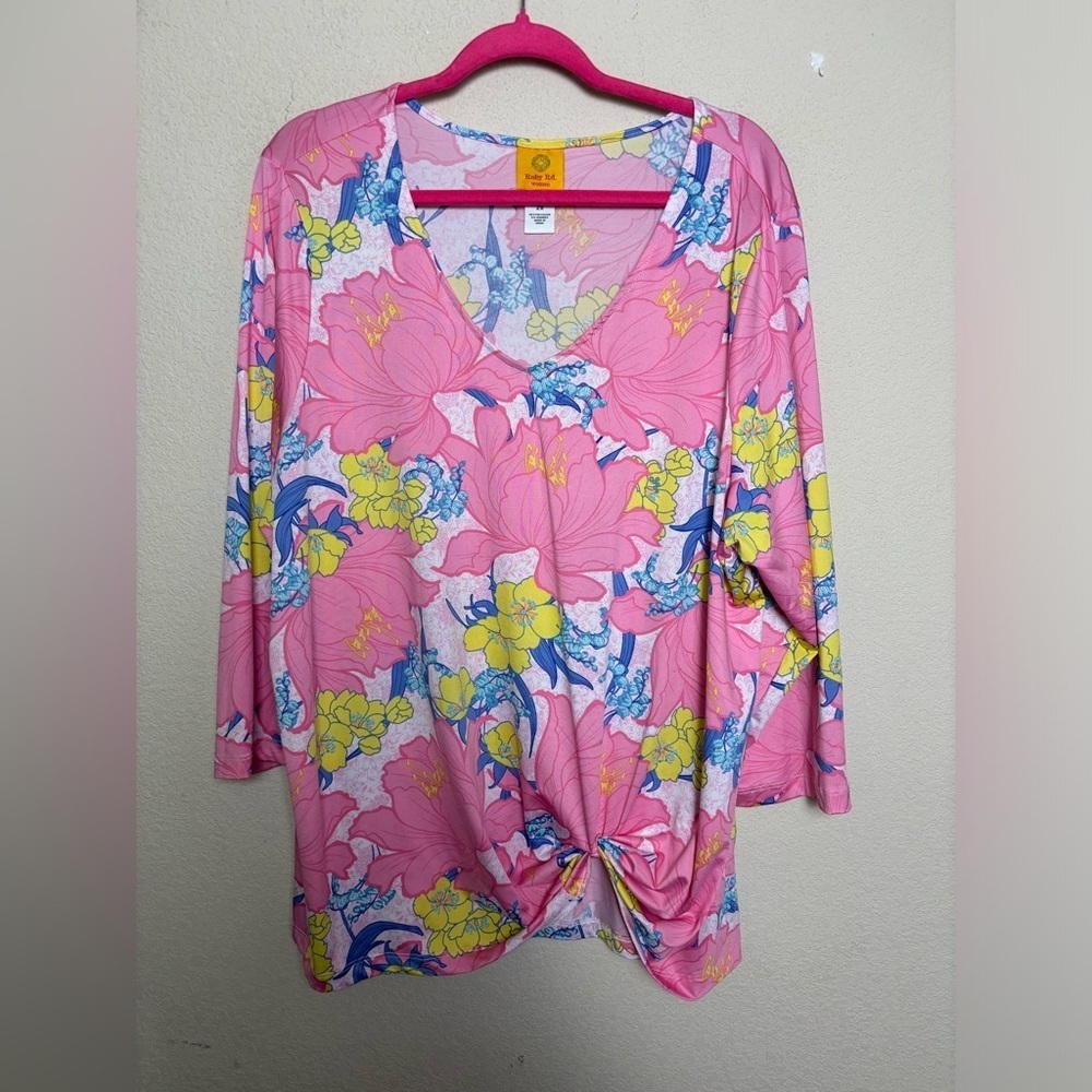 Ruby Rd Pink & White Tropical Flora Puff Print Knot Front 3/4 Sleeve Knit Top 2X - Picture 4 of 9
